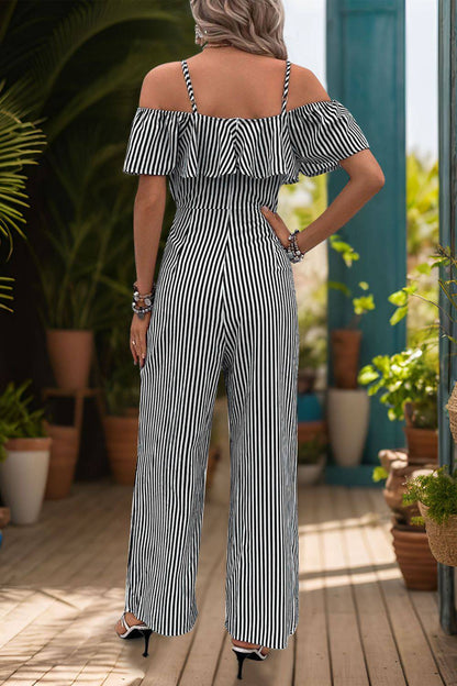 Ruffled Striped Short Sleeve Jumpsuit - FoxesFashion