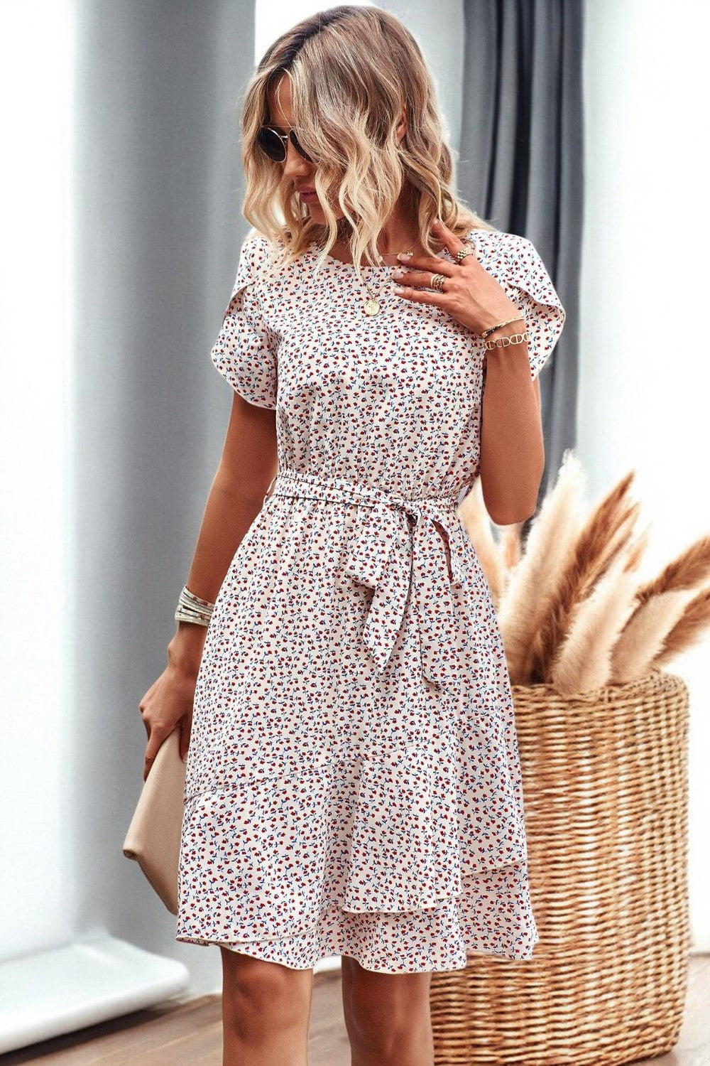 Floral Petal Sleeve Belted Mini Dress