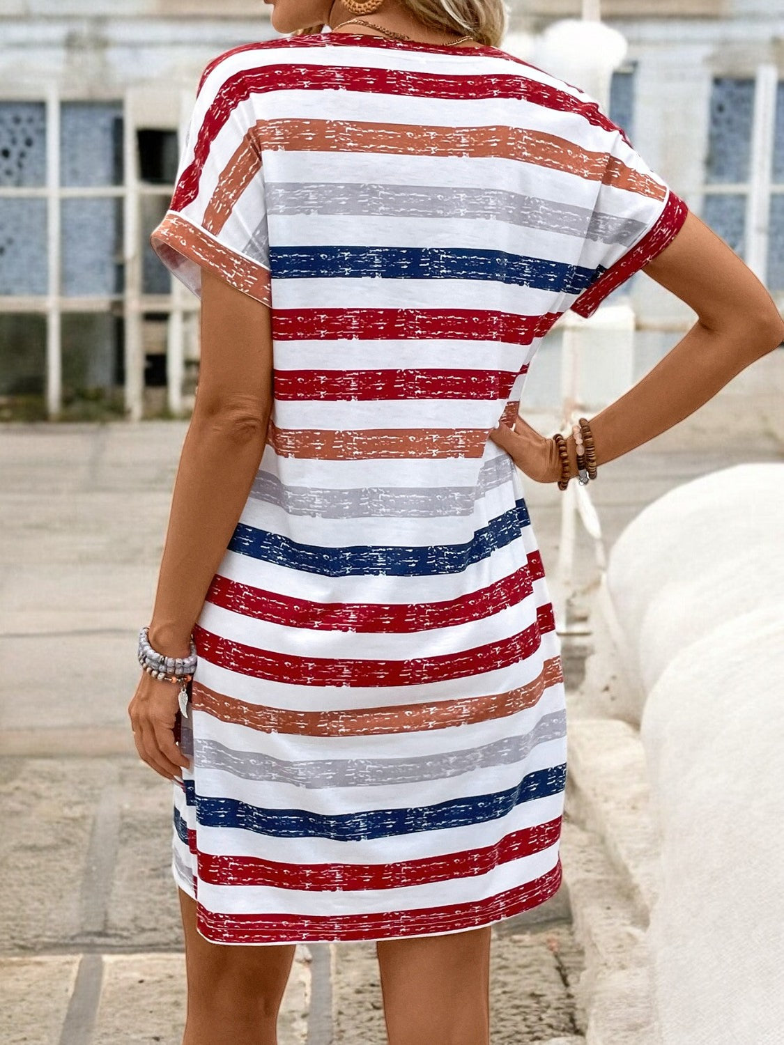 Sunshine Stripes V-Neck Short Sleeve Dress