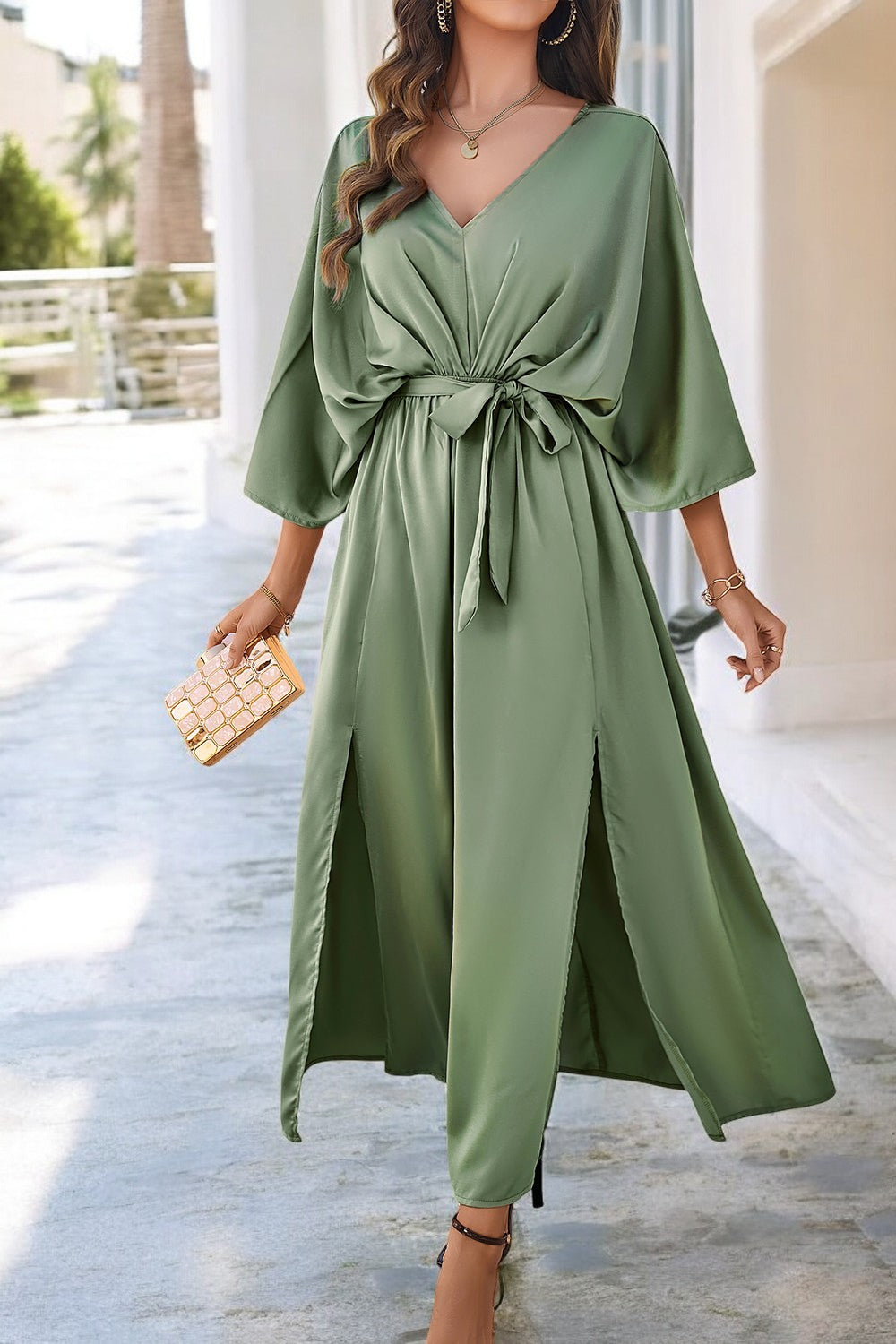 Coastal Charm Slit V-Neck Tied Sleeve Dress