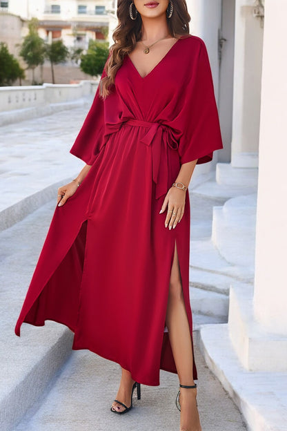 Coastal Charm Slit V-Neck Tied Sleeve Dress