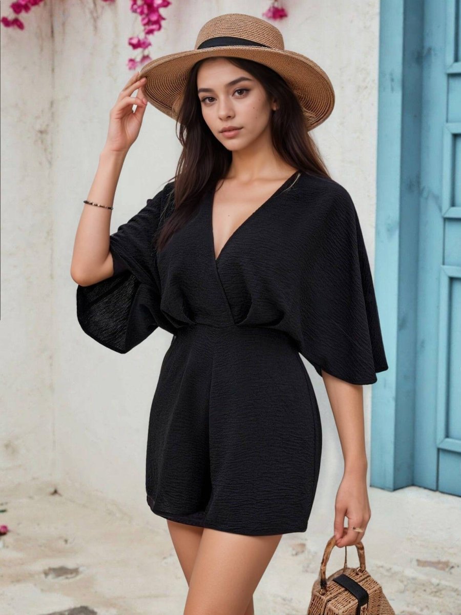 Cutout Wrap Half Sleeve Romper - FoxesFashion