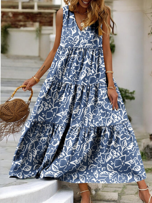 Tropical Bloom Tiered V-Neck Sleeveless Dress