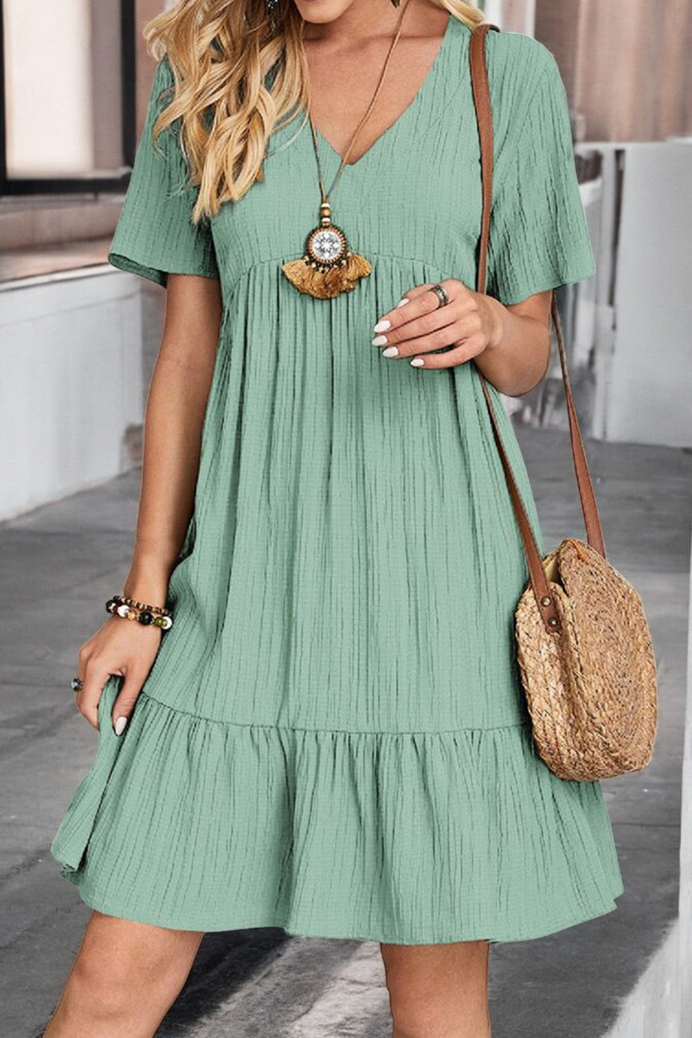 Sunlit Allure Ruched V-Neck Short Sleeve Dress