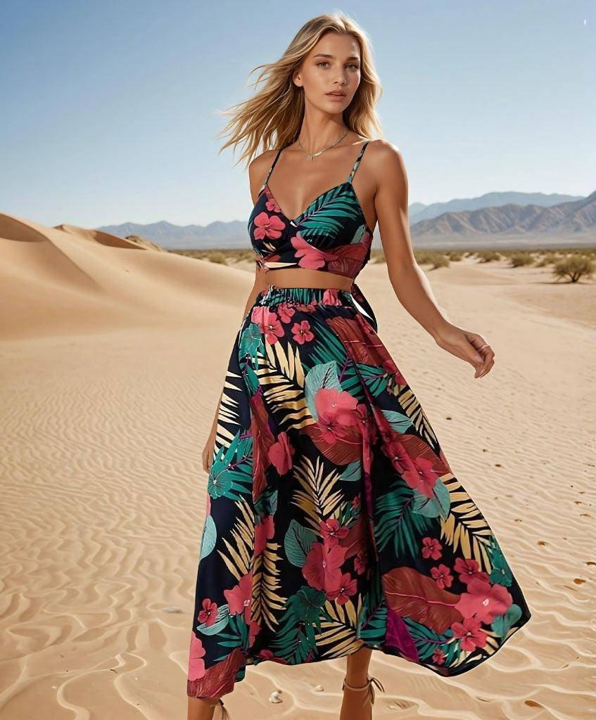 Boho Floral Crop & Skirt Set - Summer Two-Piece Outfit - FoxesFashion