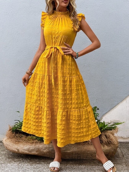 Sunny Charm Tied Ruffle Sleeve Midi Dress