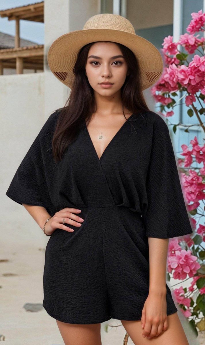 Cutout Wrap Half Sleeve Romper - FoxesFashion