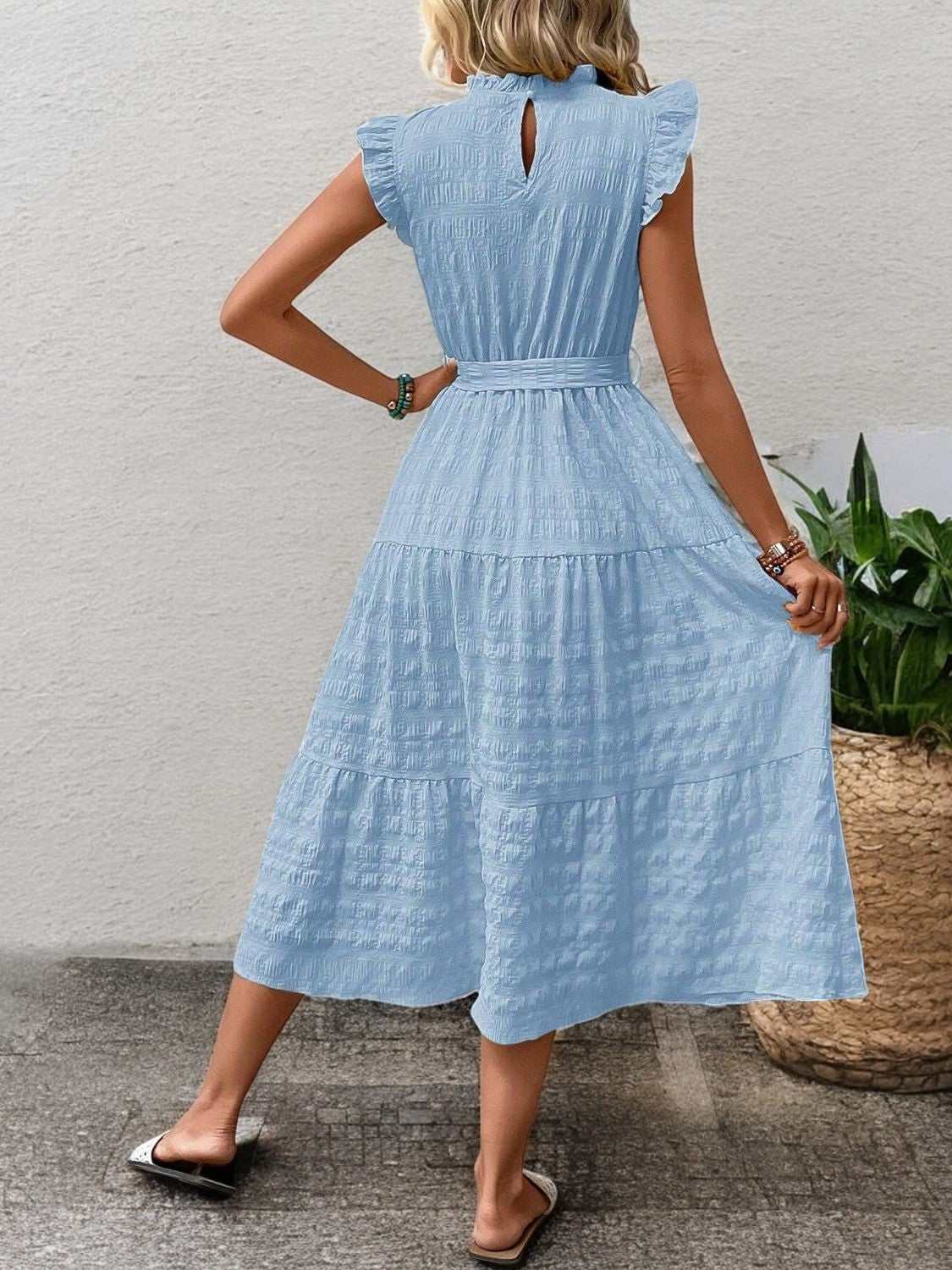 Sunny Charm Tied Ruffle Sleeve Midi Dress