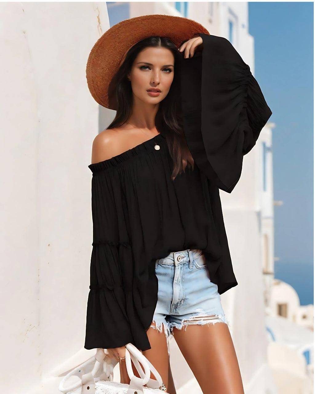 Off-Shoulder Flared Sleeve Casual Top - FoxesFashion