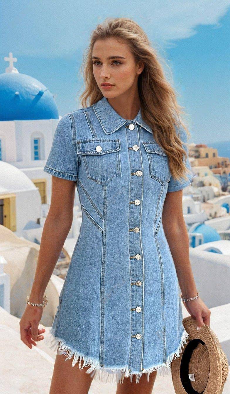 Denim Button-Up Dress – Casual Chic Look - FoxesFashion