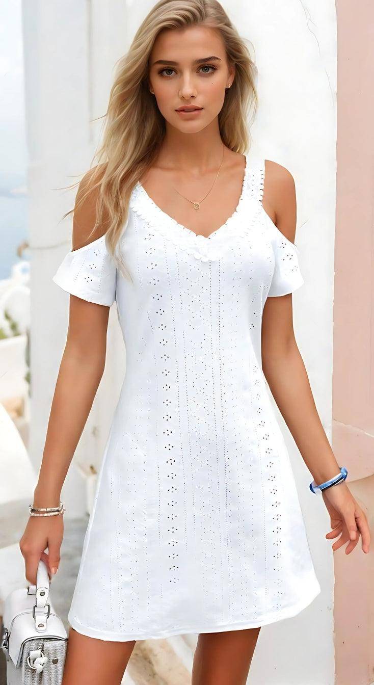 V-Neck Eyelet Mini Dress – Summer Essential - FoxesFashion