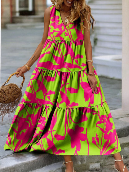 Tropical Bloom Tiered V-Neck Sleeveless Dress