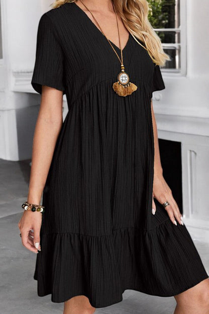 Sunlit Allure Ruched V-Neck Short Sleeve Dress