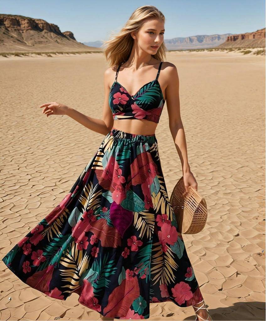 Boho Floral Crop & Skirt Set - Summer Two-Piece Outfit - FoxesFashion