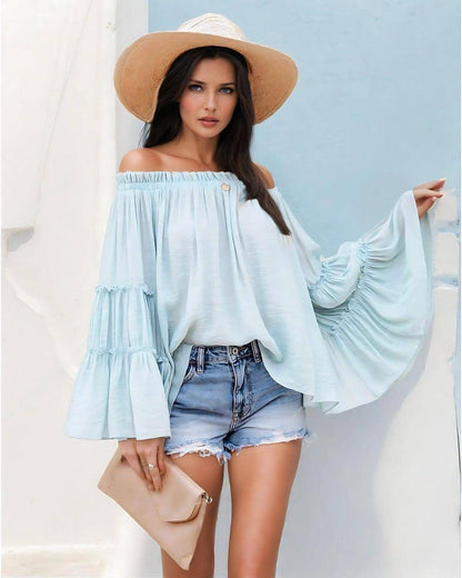 Off-Shoulder Flared Sleeve Casual Top - FoxesFashion