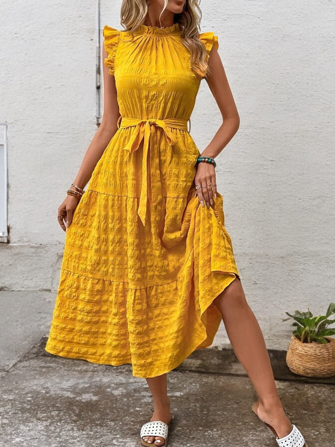 Sunny Charm Tied Ruffle Sleeve Midi Dress