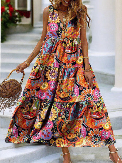 Tropical Bloom Tiered V-Neck Sleeveless Dress