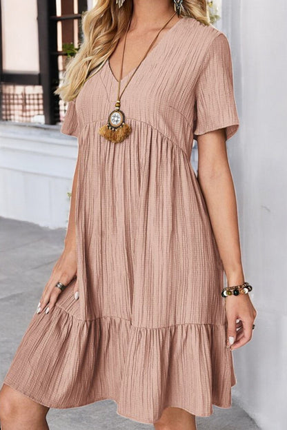 Sunlit Allure Ruched V-Neck Short Sleeve Dress