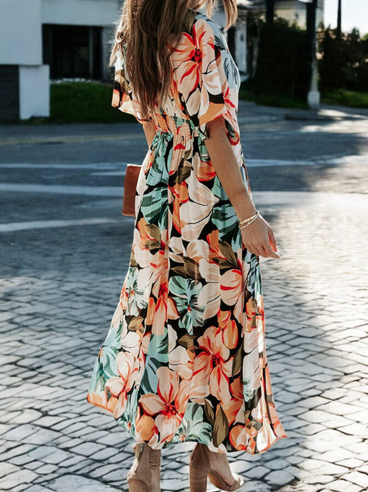 Floral Plunge Half Sleeve Dress