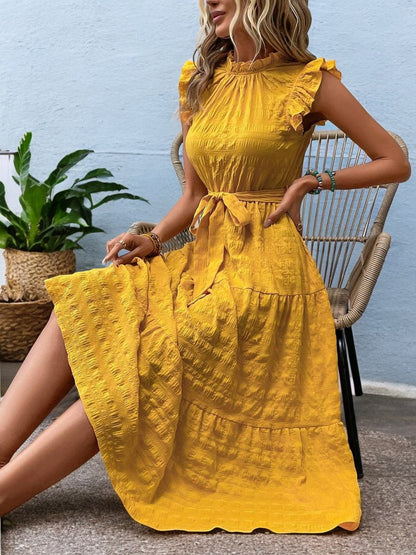 Sunny Charm Tied Ruffle Sleeve Midi Dress