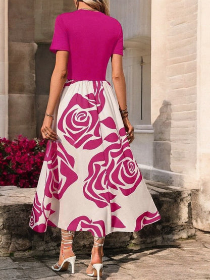 Rose Print Round Neck Summer Dress