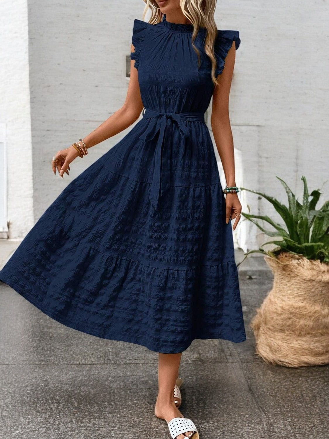 Sunny Charm Tied Ruffle Sleeve Midi Dress