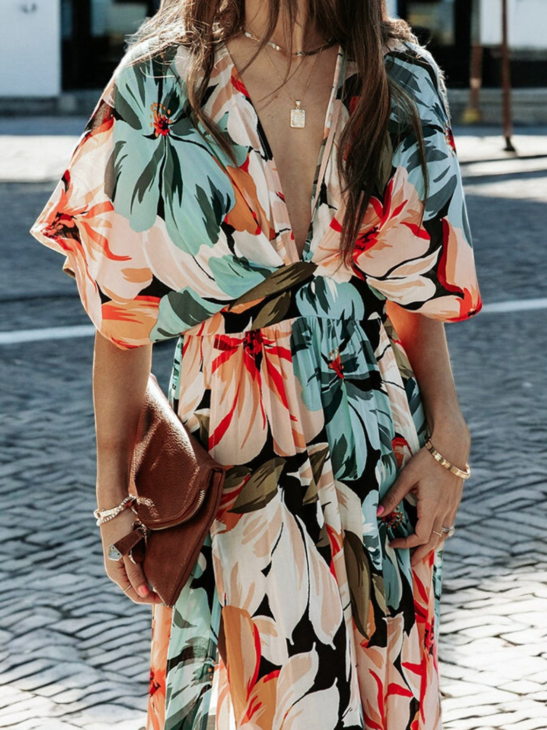 Floral Plunge Half Sleeve Dress