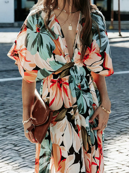 Floral Plunge Half Sleeve Dress