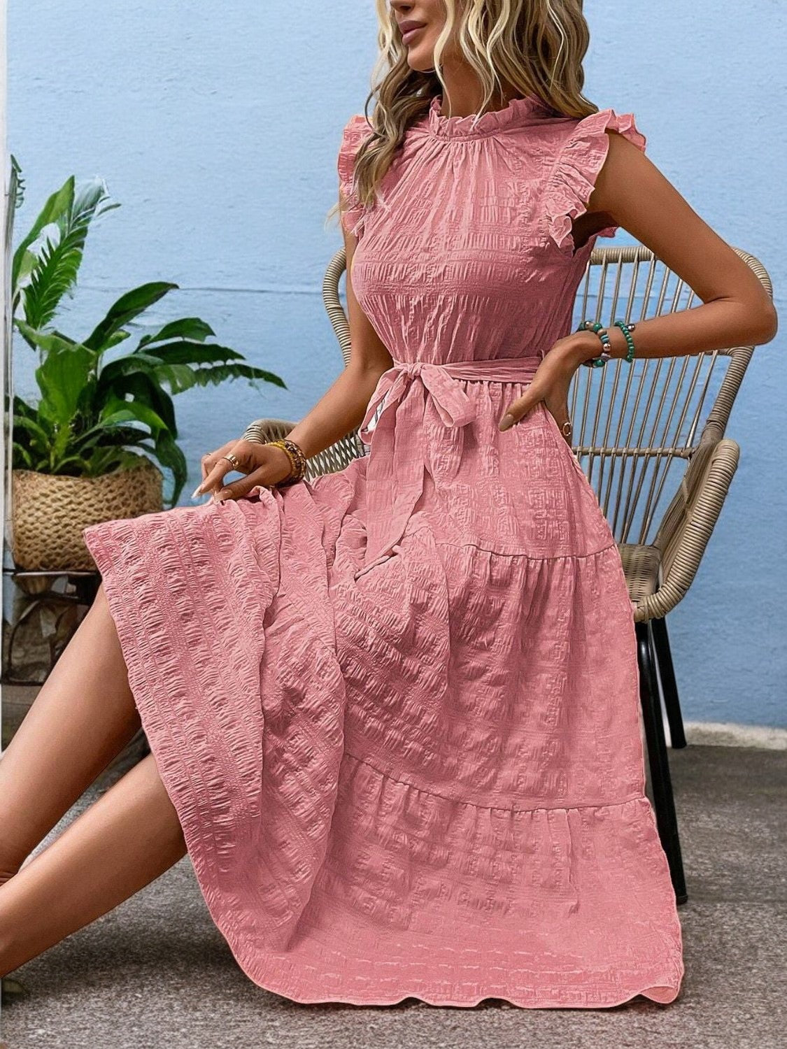 Sunny Charm Tied Ruffle Sleeve Midi Dress