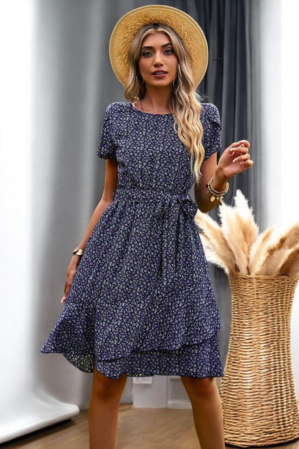 Floral Petal Sleeve Belted Mini Dress