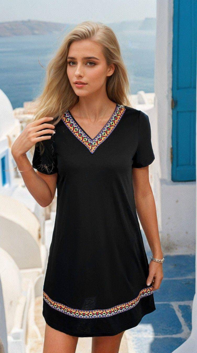 Chic V-Neck Mini Dress – Effortless Summer Look - FoxesFashion