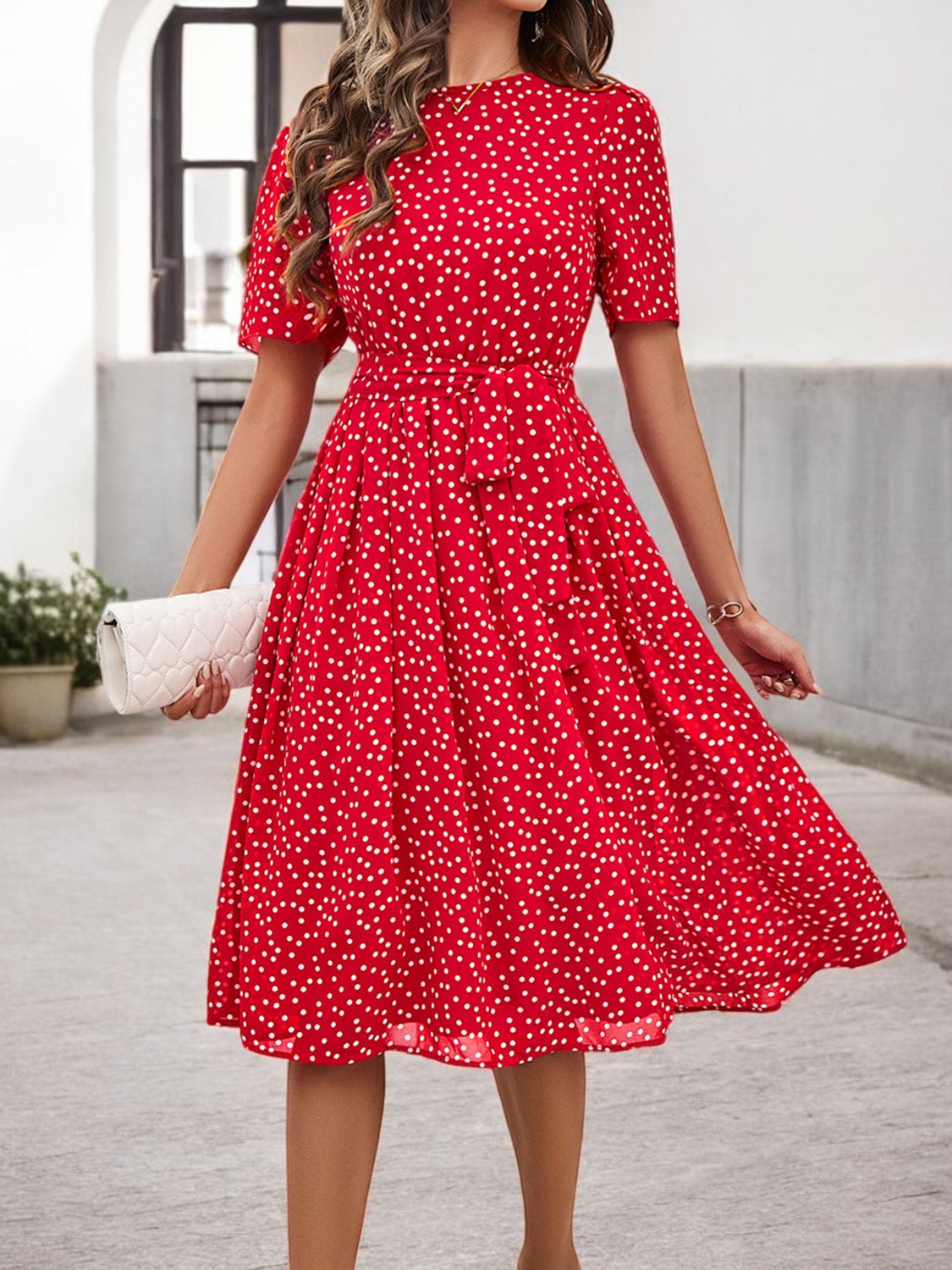 Printed Round Neck Short Sleeve Dress