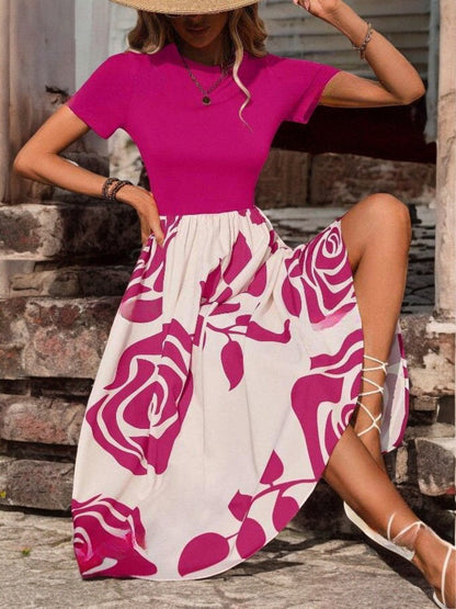 Rose Print Round Neck Summer Dress