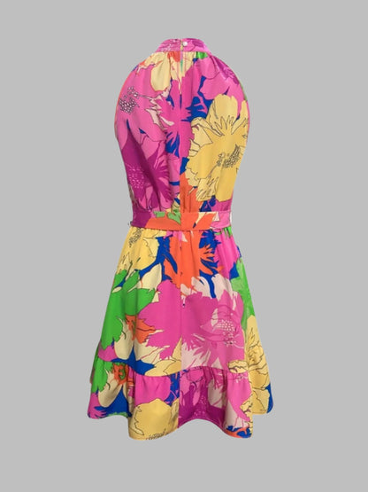 Sunset Bloom Tie-Back Mock Neck Dress