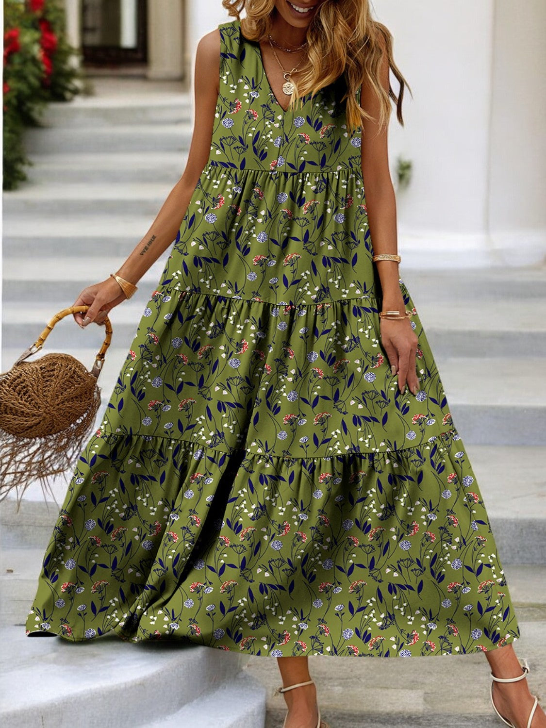 Tropical Bloom Tiered V-Neck Sleeveless Dress