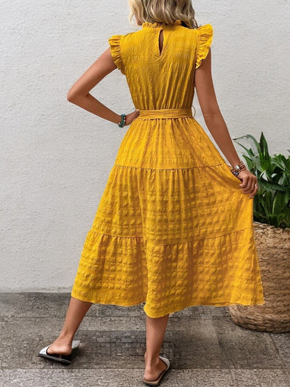 Sunny Charm Tied Ruffle Sleeve Midi Dress