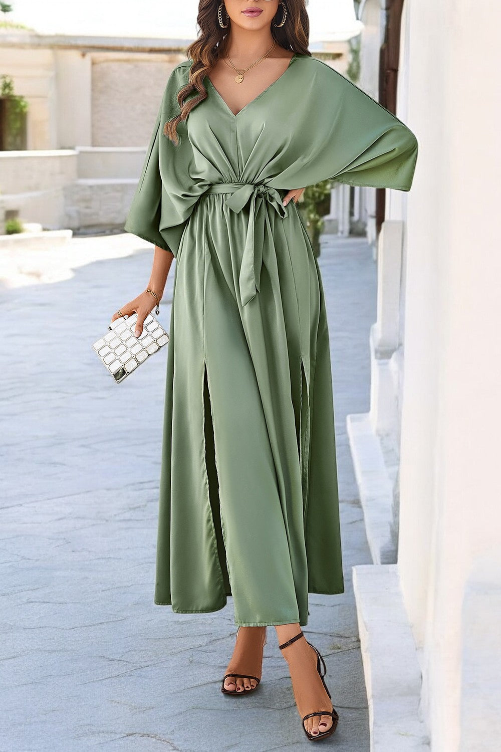 Coastal Charm Slit V-Neck Tied Sleeve Dress