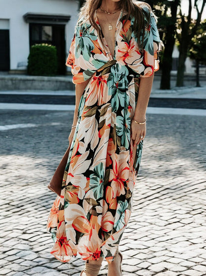 Floral Plunge Half Sleeve Dress