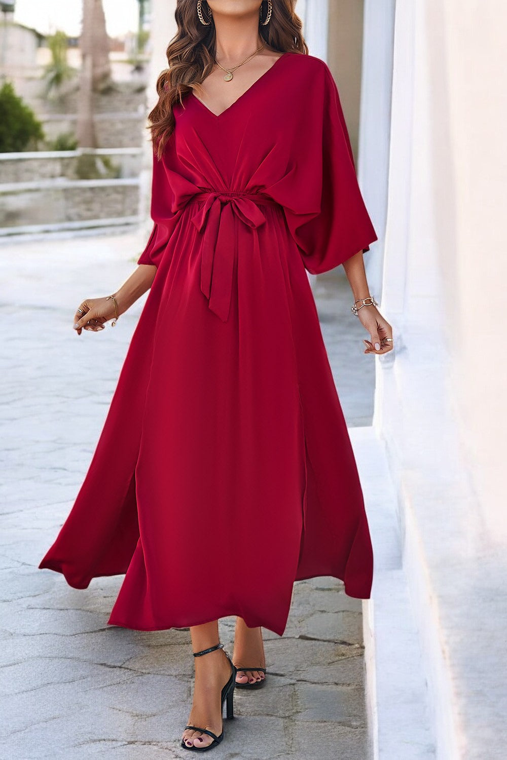 Coastal Charm Slit V-Neck Tied Sleeve Dress