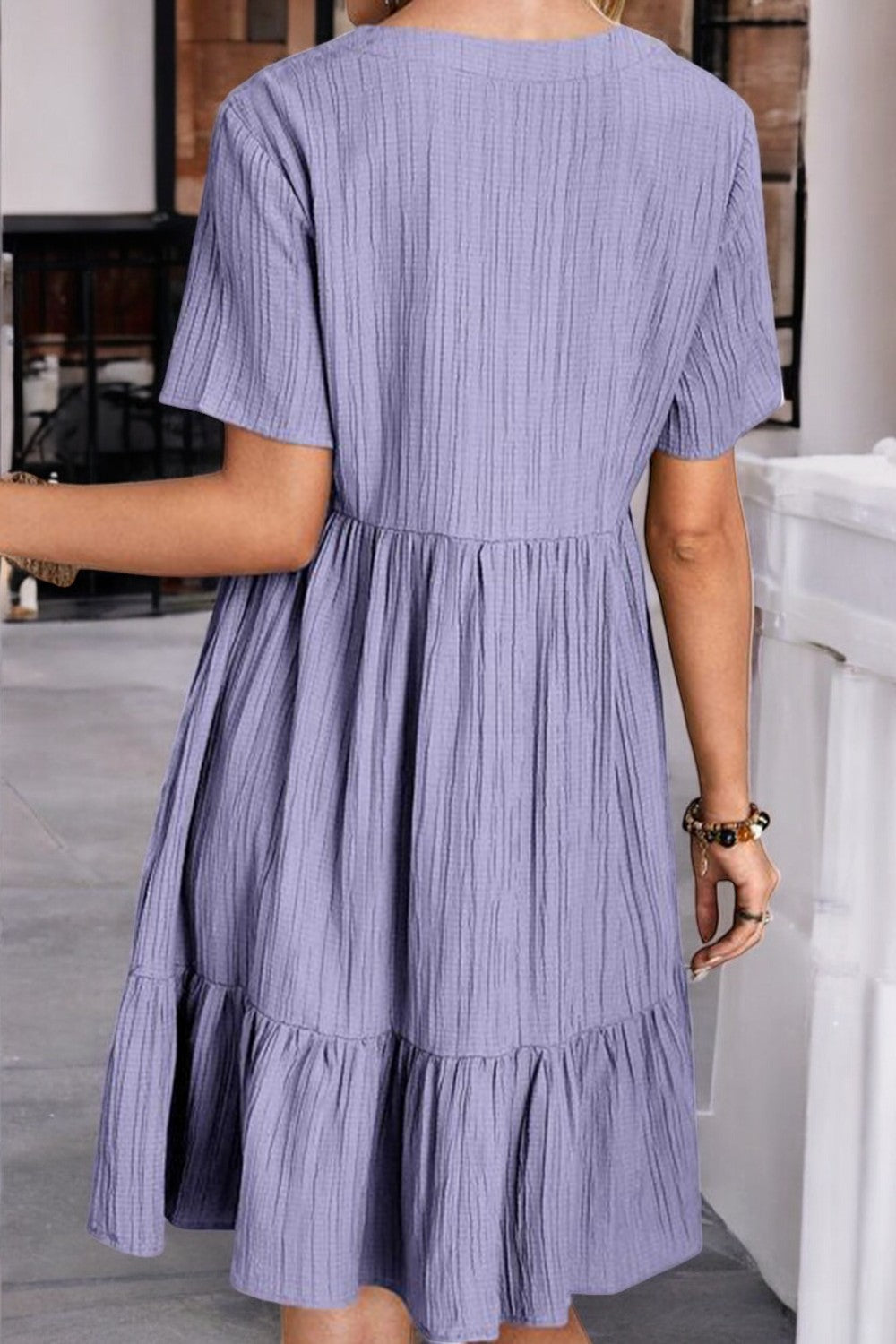 Sunlit Allure Ruched V-Neck Short Sleeve Dress