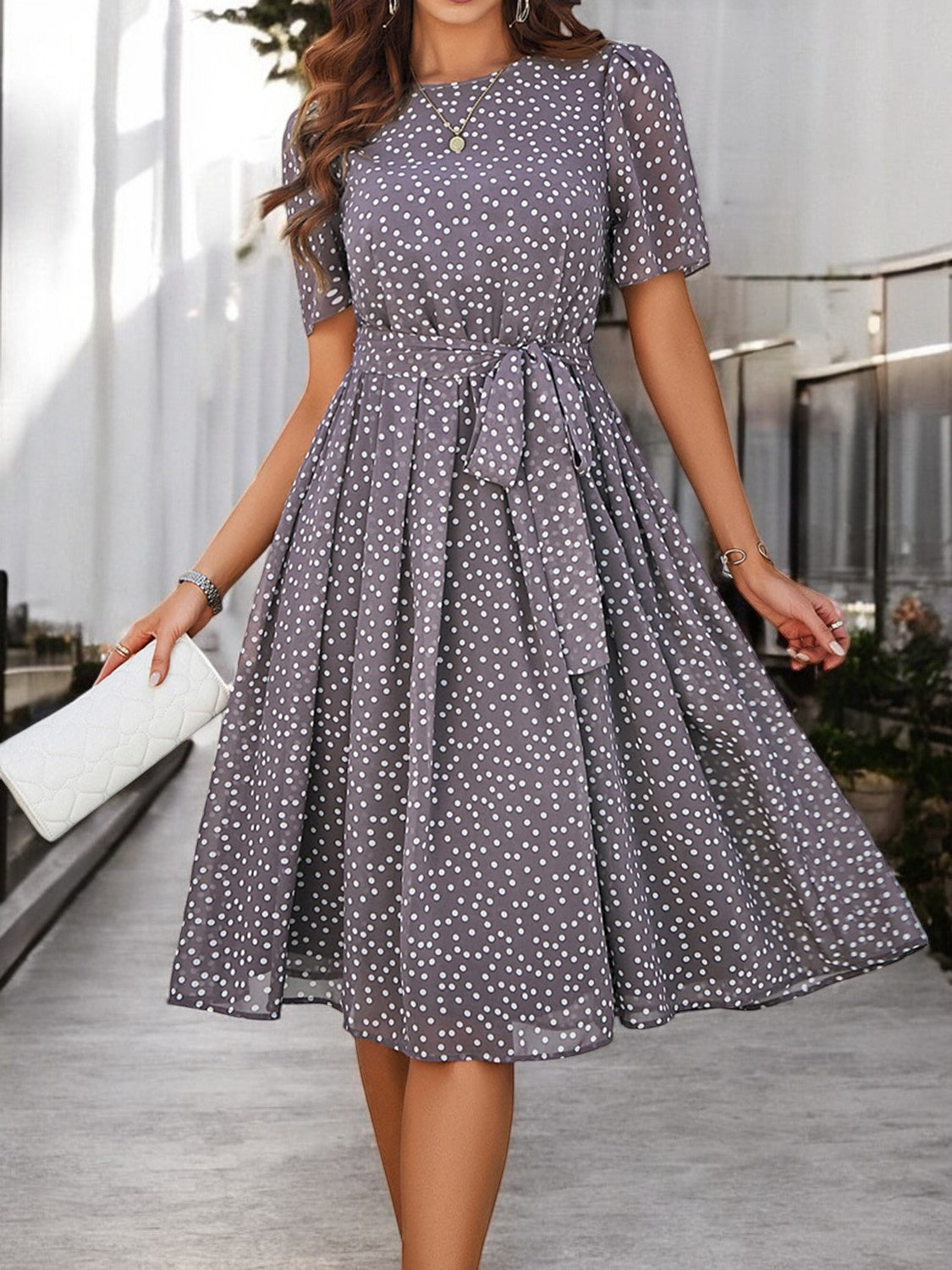 Printed Round Neck Short Sleeve Dress