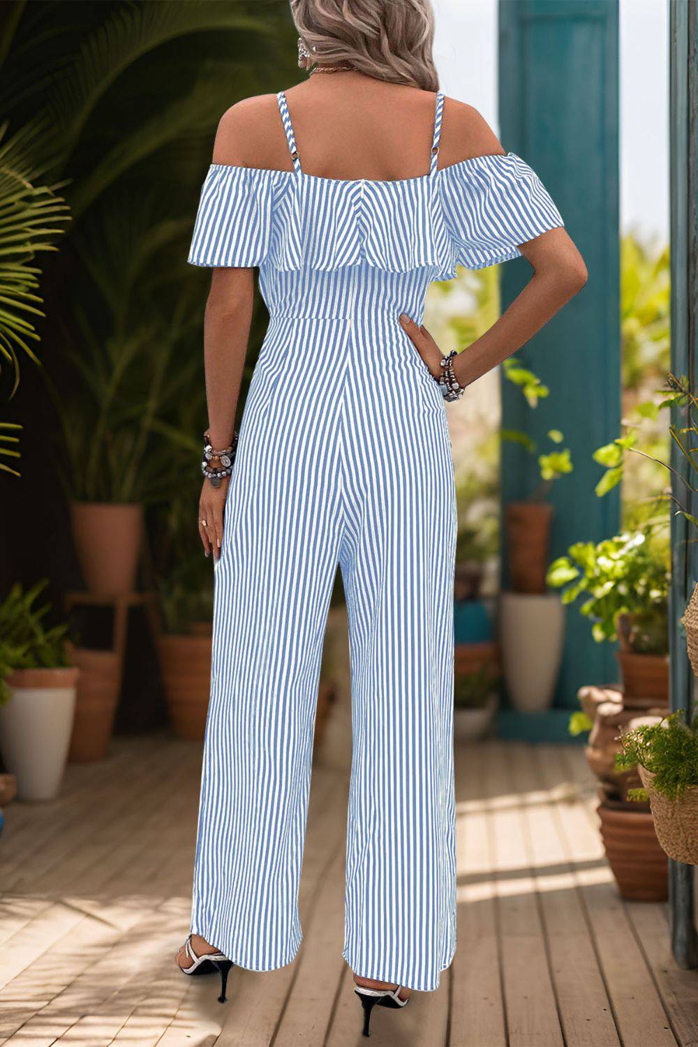 Ruffled Striped Short Sleeve Jumpsuit - FoxesFashion