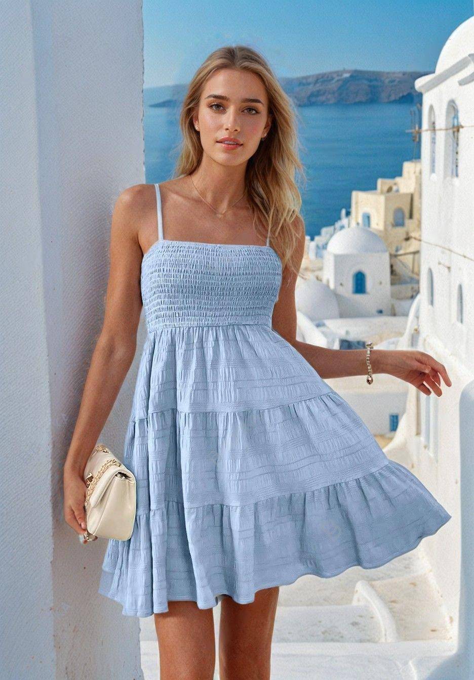 Smocked Square Neck Mini Dress – Summer Chic - FoxesFashion