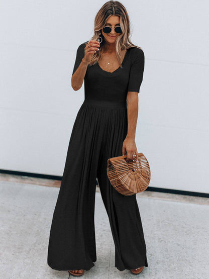 Scoop Neck Short Sleeve Jumpsuit - FoxesFashion