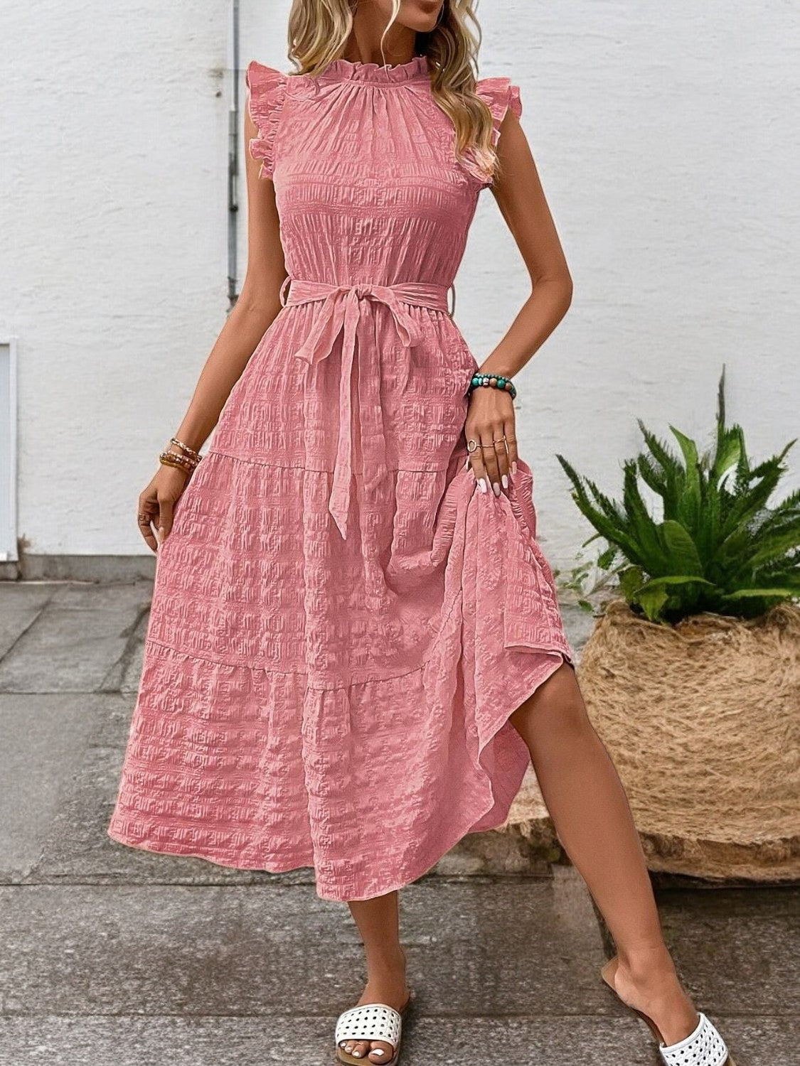 Sunny Charm Tied Ruffle Sleeve Midi Dress