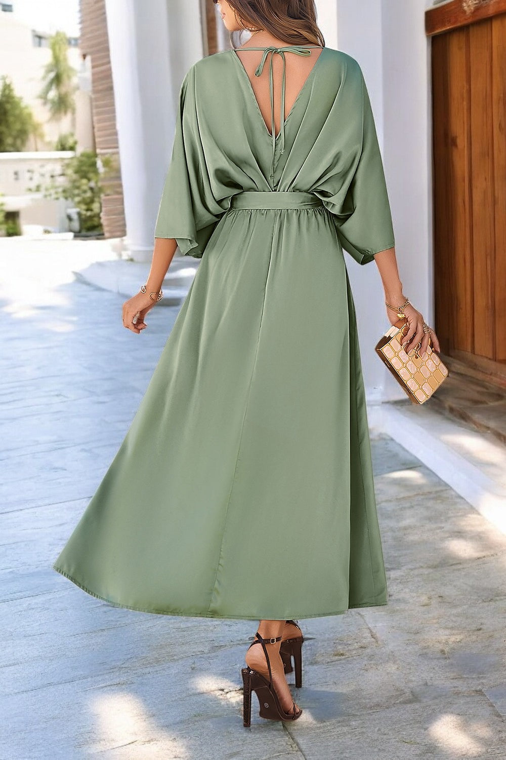 Coastal Charm Slit V-Neck Tied Sleeve Dress