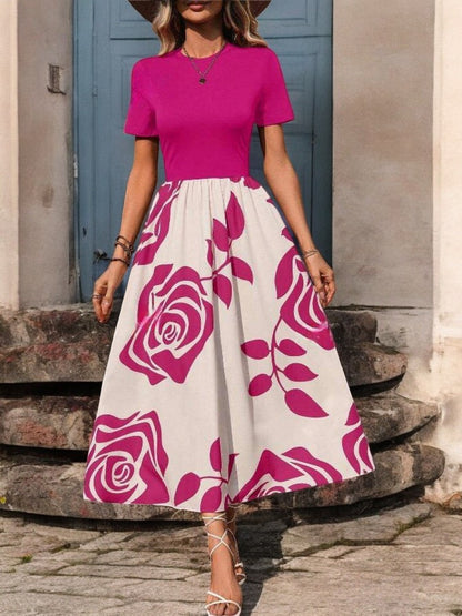 Rose Print Round Neck Summer Dress