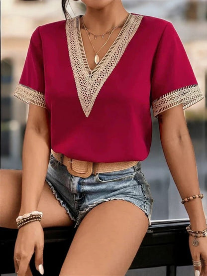 Crochet Trim V-Neck Summer Top