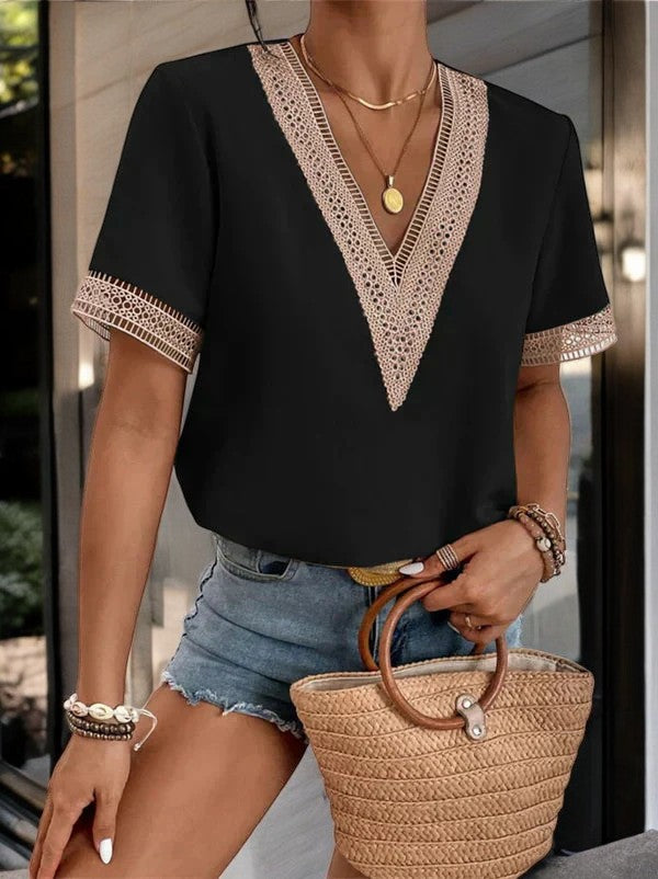 Crochet Trim V-Neck Summer Top