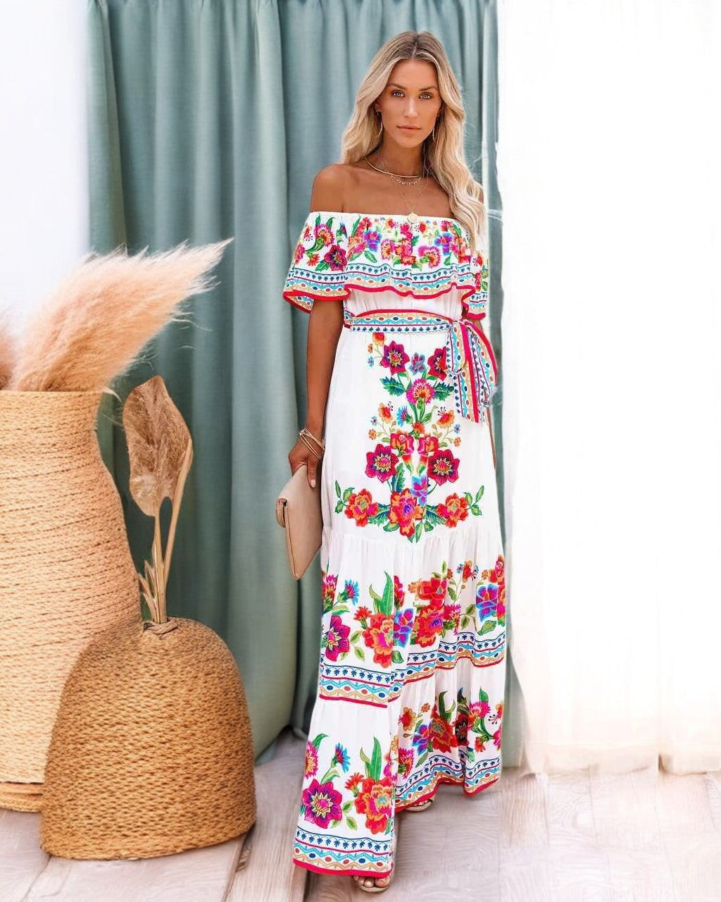 Off-Shoulder Floral Summer Maxi Dress